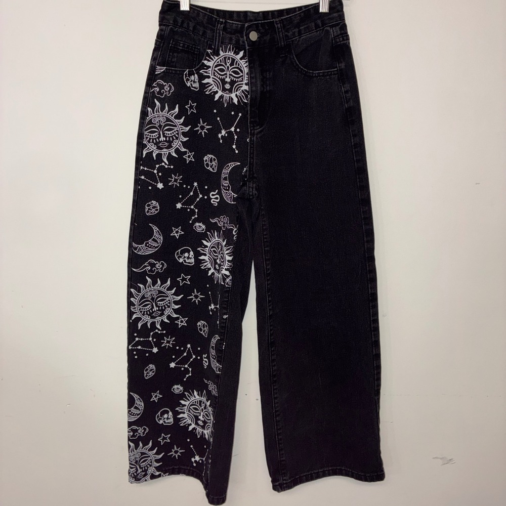 326 Romwe Wide Leg Jeans S Black Celestial Sun Moon Asymmetrical Graphic Print